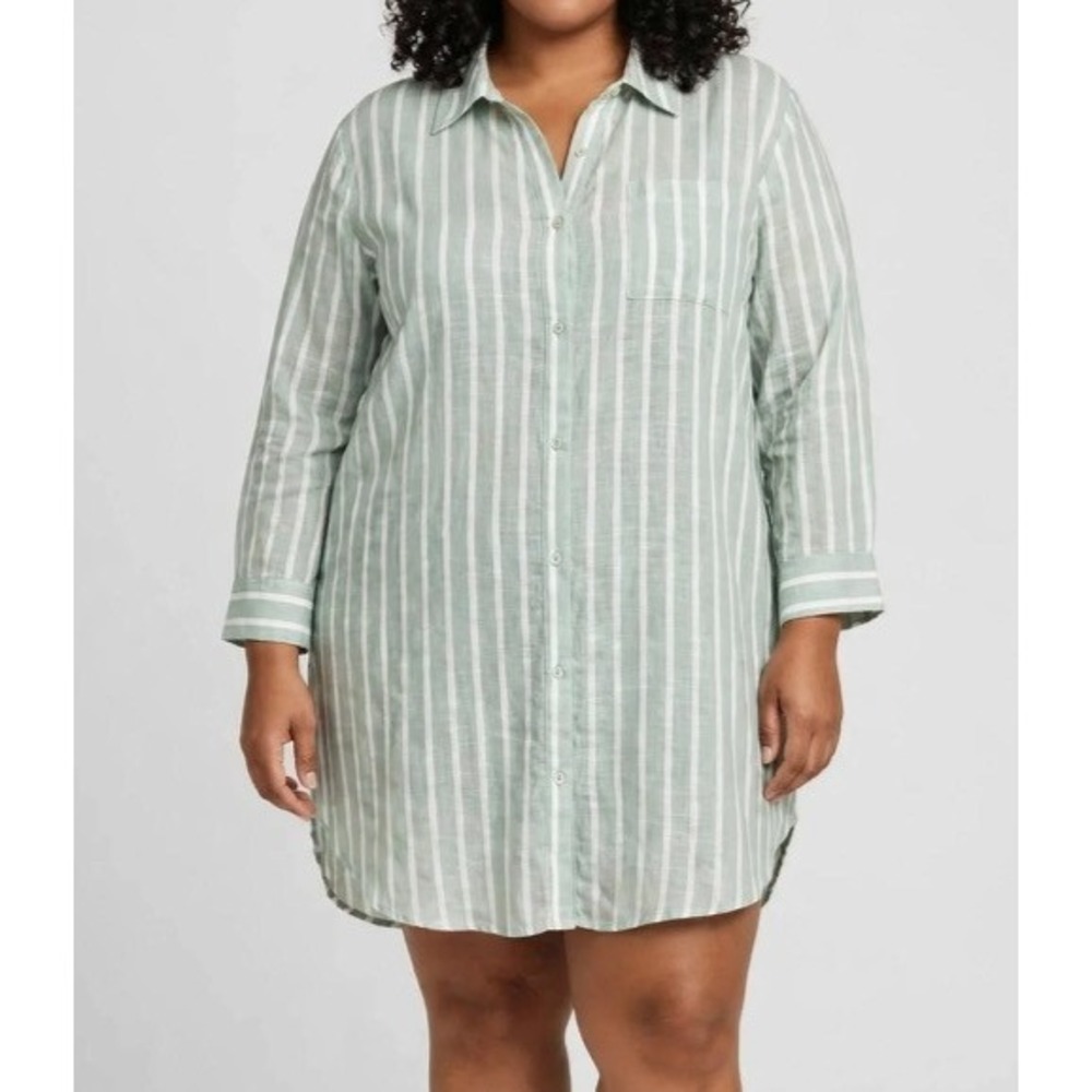 Salty Lemon Sage Green Striped Long Sleeve Linen Shirt Dress Coastal Minimalist